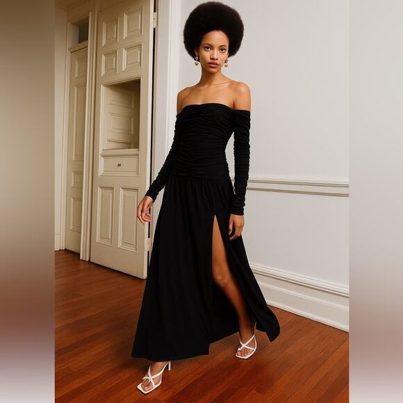 TANYA TAYLOR Marla Ruched Maxi Fit and Flare Dress Off Shoulder Long Sleeve NEW - Picture 2 of 15